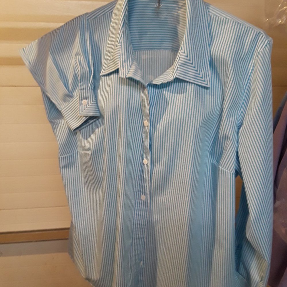 Foxcroft No Iron Blue/White Striped button-down